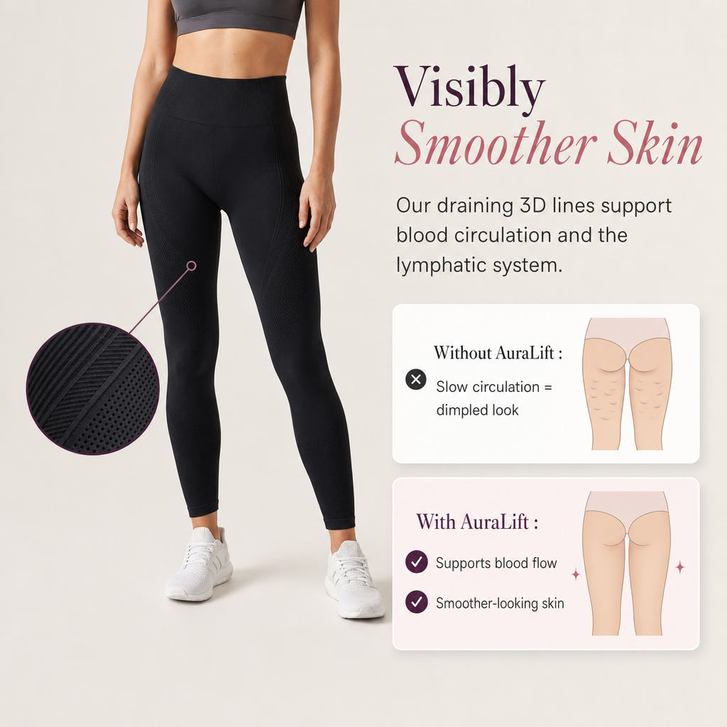 AuraLift 3D Leggings — visibly smoother skin infographic