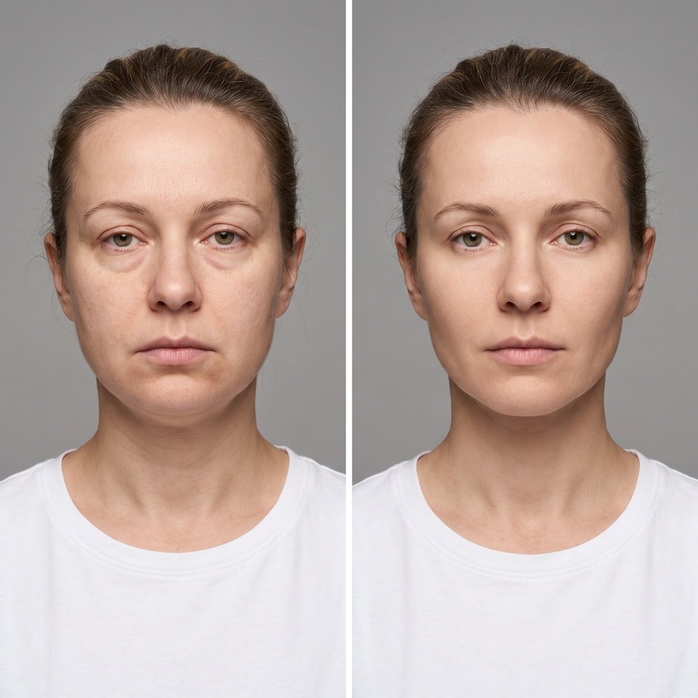 Illustration of possible results using a model — under-eye puffiness before and after
