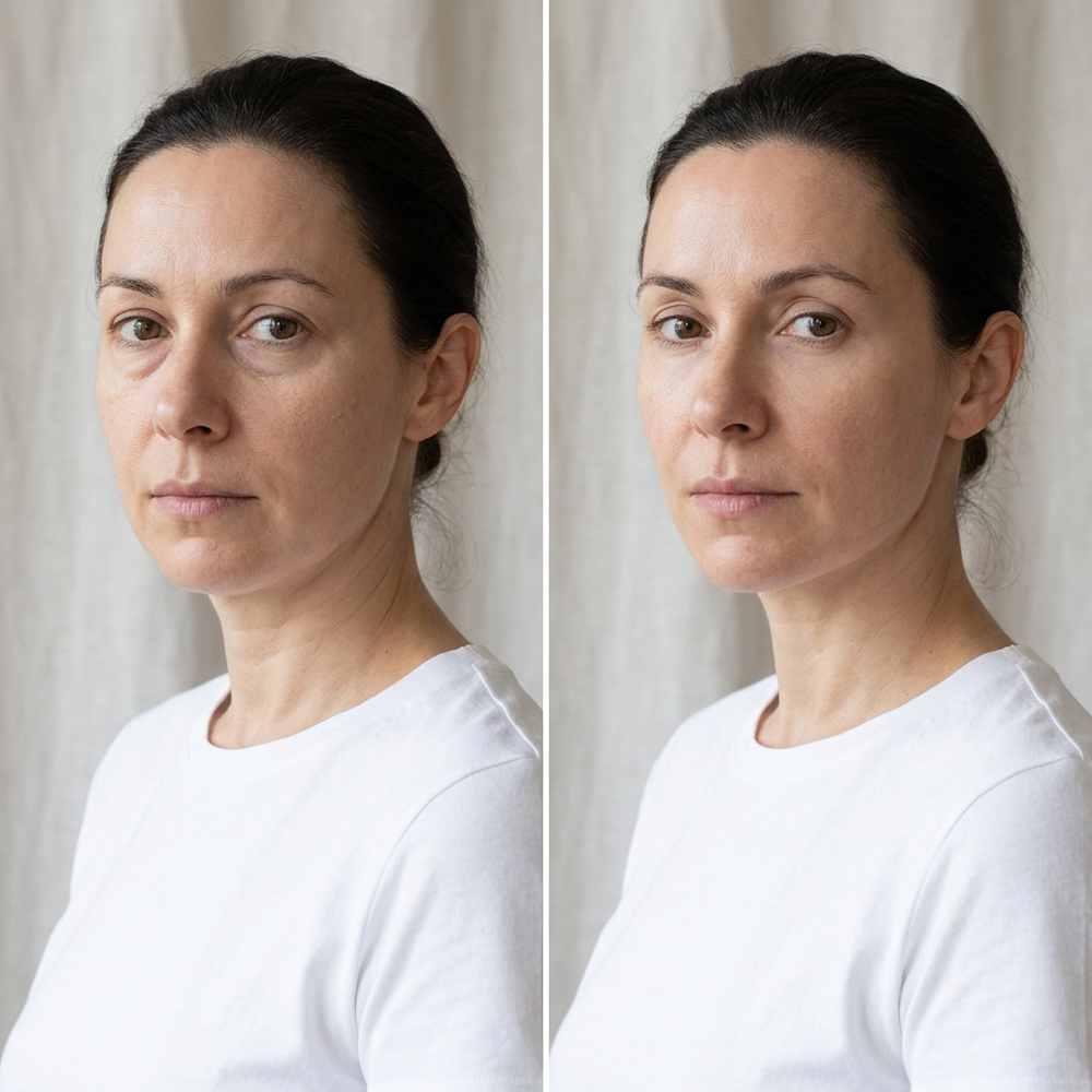Illustration of possible results using a model — jawline and under-eye puffiness before and after