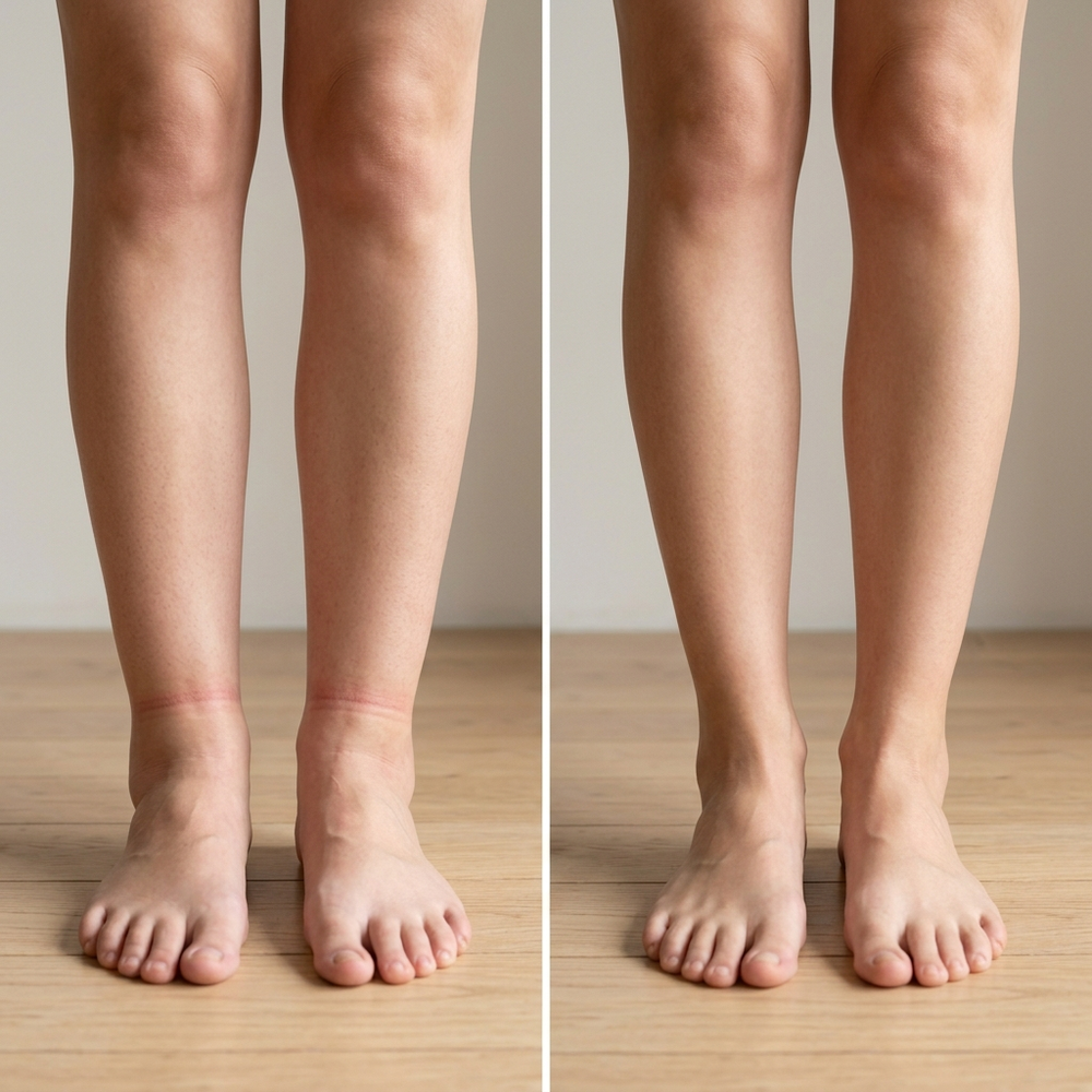 Illustration of possible results using a model — ankle swelling and sock marks before and after